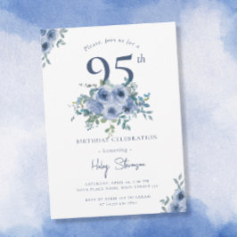 Invitación Acuarela Floral Azul Polvo 95 Cumpleaños Chic