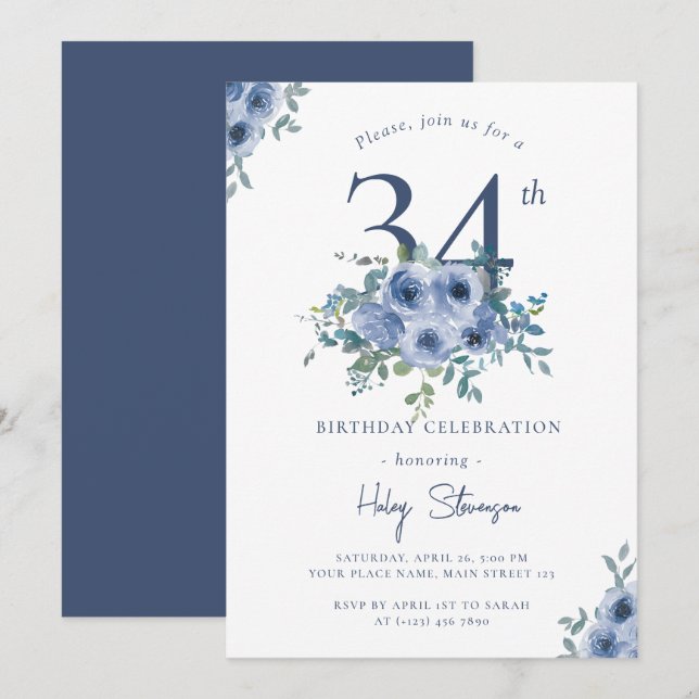 Invitación Acuarela Floral Azul Polvoriento 34 Cumpleaños Chi (Anverso / Reverso)