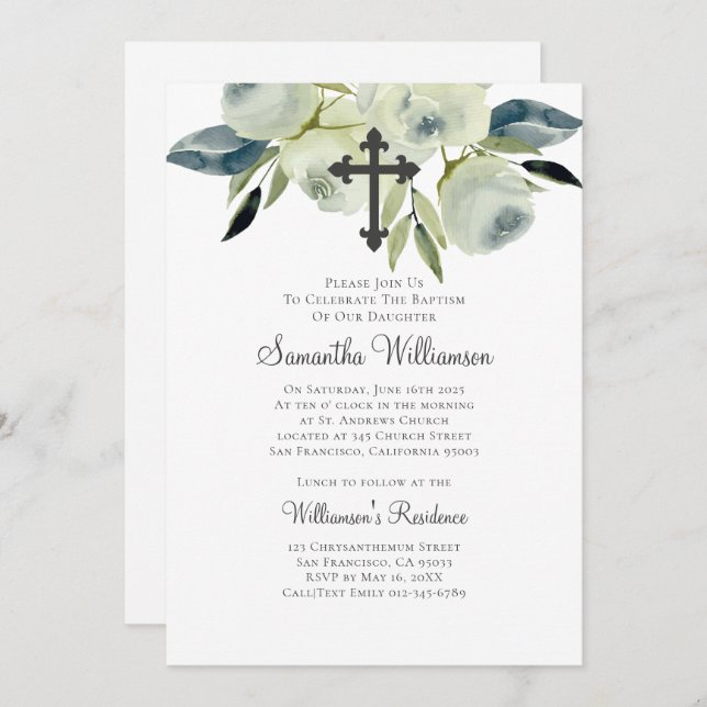 Invitación Acuarela Floral Baptismal (Anverso / Reverso)