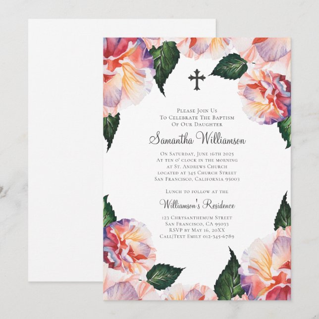 Invitación Acuarela Floral Baptismal (Anverso / Reverso)