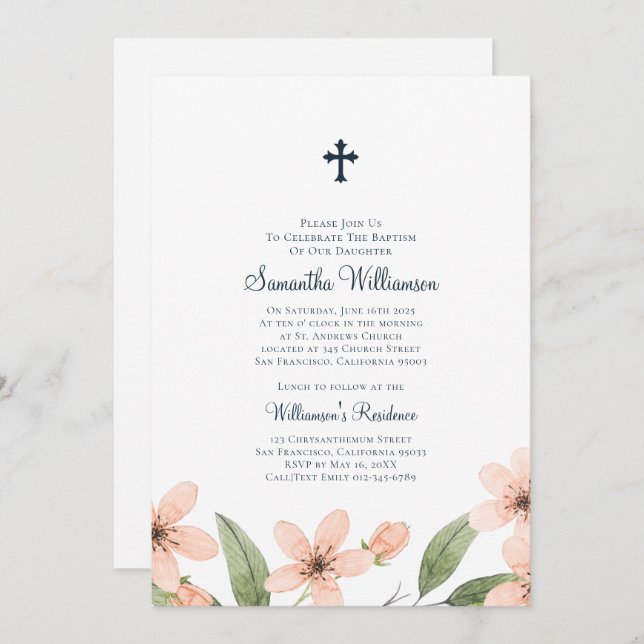 Invitación Acuarela Floral Baptismal (Anverso / Reverso)