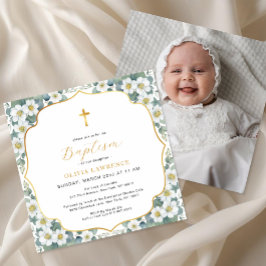 Invitación Acuarela Floral Bautismo Cruz de Oro