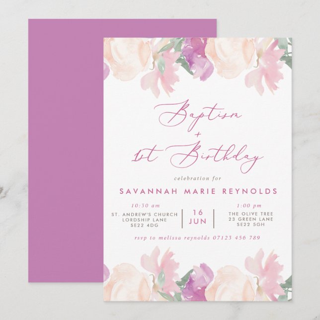 Invitación Acuarela Floral Bautismo Lilac y Primer Cumpleaños (Anverso / Reverso)