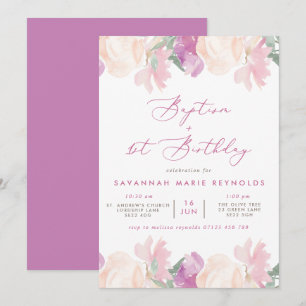 Invitación Acuarela Floral Bautismo Lilac y Primer Cumpleaños