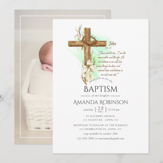 Invitación Acuarela Floral Bautizo o Cristo John Invi (Anverso / Reverso)