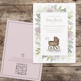 Invitación Acuarela Floral Bebé Rosa Código QR Registro de Re