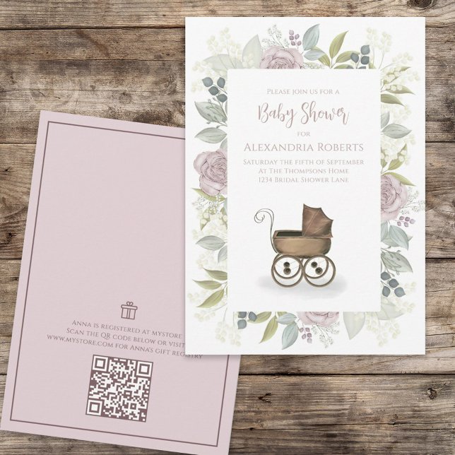 Invitación Acuarela Floral Bebé Rosa Código QR Registro de Re (Subido por el creador)