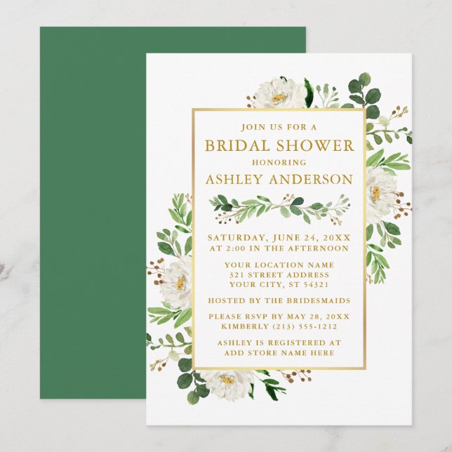 Invitación Acuarela Floral Blanca Bridal Shower Gold (Anverso / Reverso)
