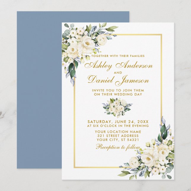 Invitación Acuarela Floral blanca Dusty Azul Boda Oro (Anverso / Reverso)