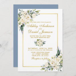 Invitación Acuarela Floral blanca Dusty Azul Boda Oro