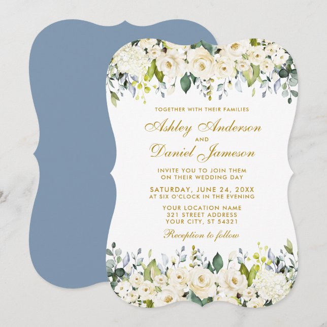 Invitación Acuarela Floral blanca Dusty Blue Elegant Wedding (Anverso / Reverso)