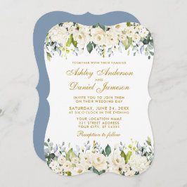 Invitación Acuarela Floral blanca Dusty Blue Elegant Wedding