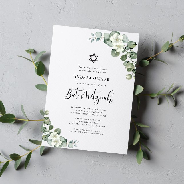 Invitación Acuarela Floral Blanca Eucalyptus Bat Mitzvah (Subido por el creador)