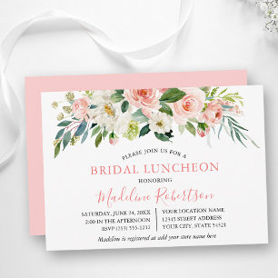 Invitación Acuarela Floral blanca rosa ducha de novia almuerz