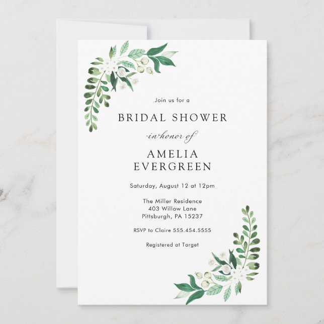 Invitación Acuarela Floral blanca y vegetación Ducha nupcial (Anverso)