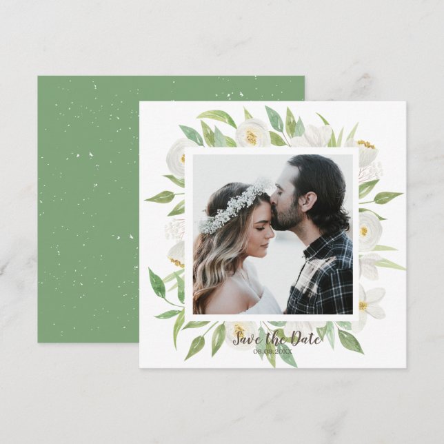 Invitación Acuarela Floral blanca y verde salva la fecha (Anverso / Reverso)