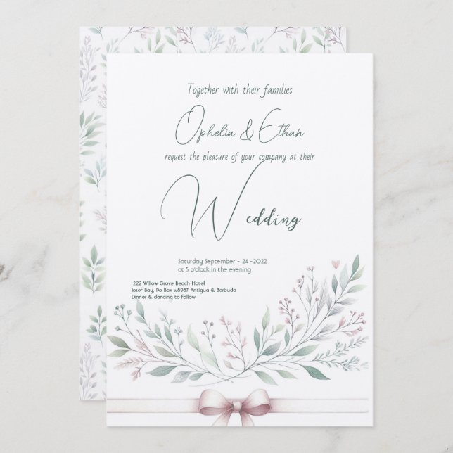 Invitación acuarela floral boda de tipografía moderna (Anverso / Reverso)