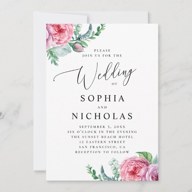Invitación Acuarela floral boho rosa. Boda bohemio (Anverso)