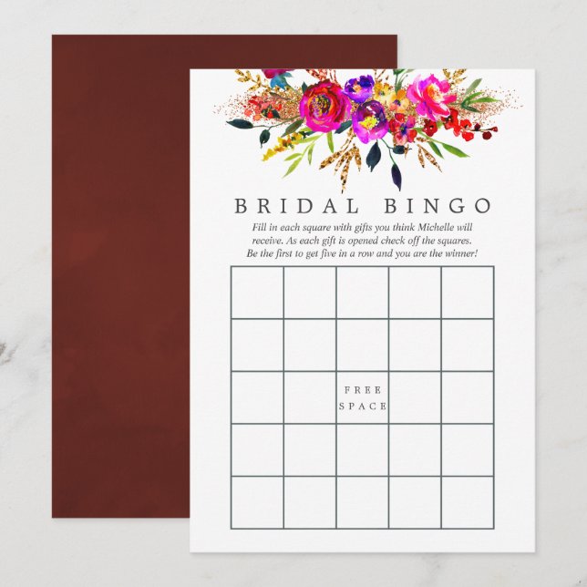 Invitación Acuarela Floral Bridal Shower Bingo (Anverso / Reverso)