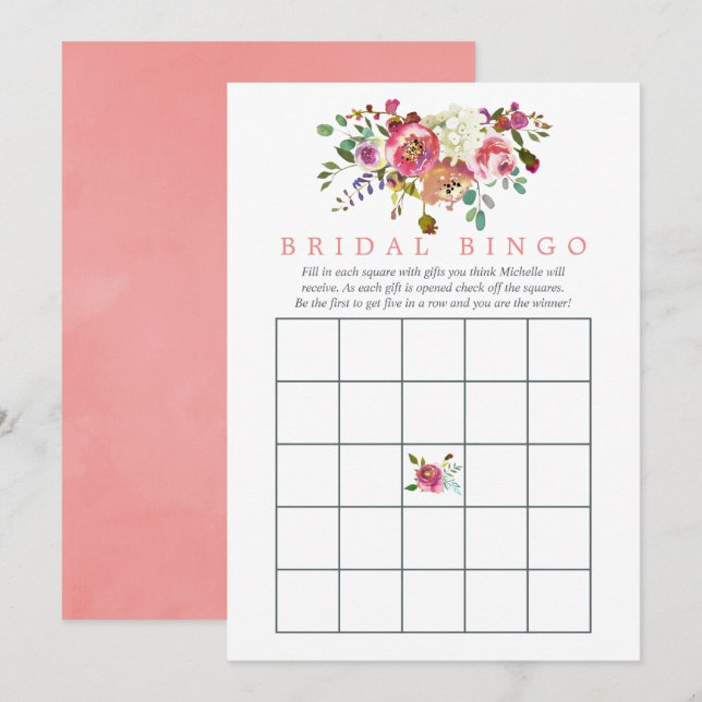 Invitación Acuarela Floral Bridal Shower Bingo (Anverso / Reverso)