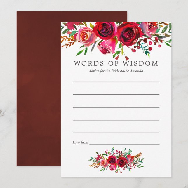 Invitación Acuarela Floral Bridal Shower Consejos para mamá (Anverso / Reverso)