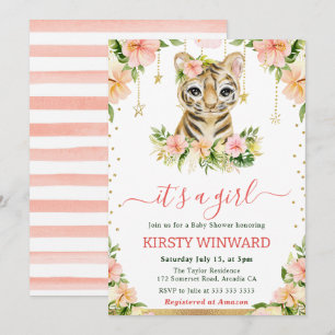 Invitación Acuarela Floral Cachorro de Tigre Niña Baby Shower