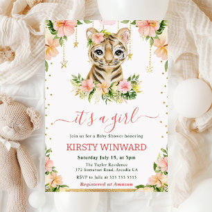 Invitación Acuarela Floral Cachorro de Tigre Niña Baby Shower