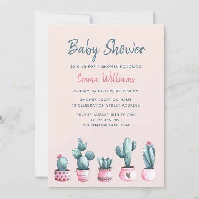 Invitación Acuarela floral Cactus Chica rosa Baby Shower (Anverso)