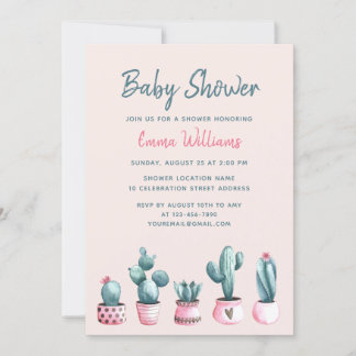 Invitación Acuarela floral Cactus Chica rosa Baby Shower