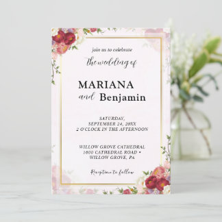 Invitación Acuarela Floral con Diseño Rosa Pastel y Dorado
