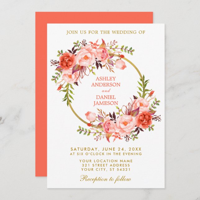 Invitación Acuarela Floral Coral Boda Oro (Anverso / Reverso)