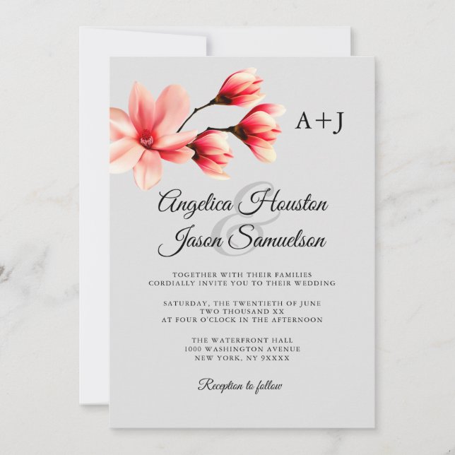 Invitación Acuarela Floral Coral Peach Gray Gray Boda (Anverso)