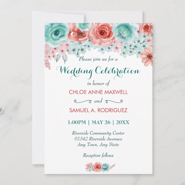 Invitación Acuarela Floral Coral Pink Aqua Elegant Wedding (Anverso)