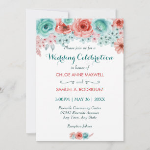 Invitación Acuarela Floral Coral Pink Aqua Elegant Wedding