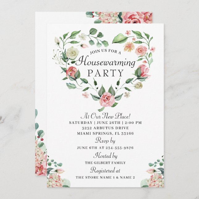 Invitación Acuarela Floral Corazón Wreath Fiesta Calentador d (Anverso / Reverso)