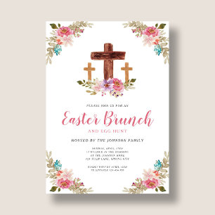 Invitación Acuarela floral cruz religiosa Brunch de Pascua en