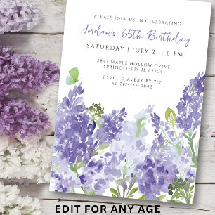 Invitación Acuarela Floral Cumpleaños 65 Elegantes Lilas