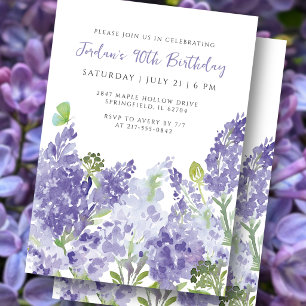 Invitación Acuarela Floral Cumpleaños 90 Elegantes Lilas