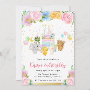 Invitación Acuarela Floral Cumpleaños Amigos Animales Lindos