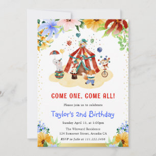 Invitación Acuarela Floral Cumpleaños Animales de Circo Lindo