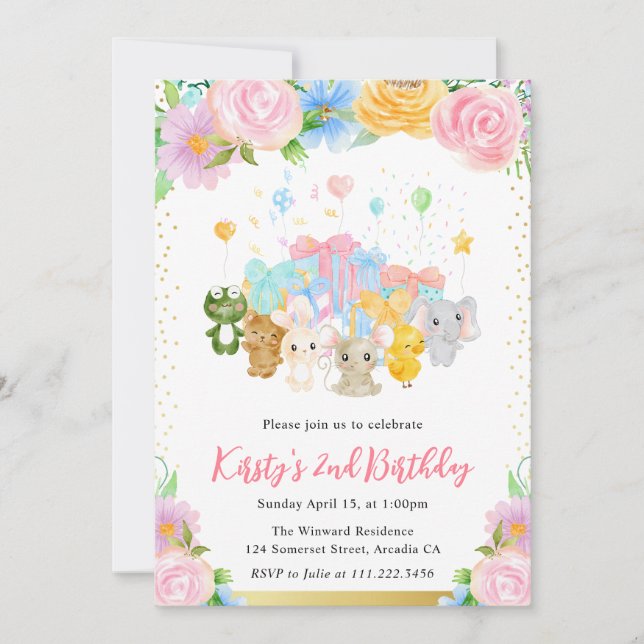 Invitación Acuarela Floral Cute Animal Friends Cumpleaños
