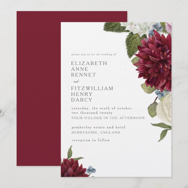 Invitación Acuarela floral Dahlia Hydrangea Boda (Anverso / Reverso)