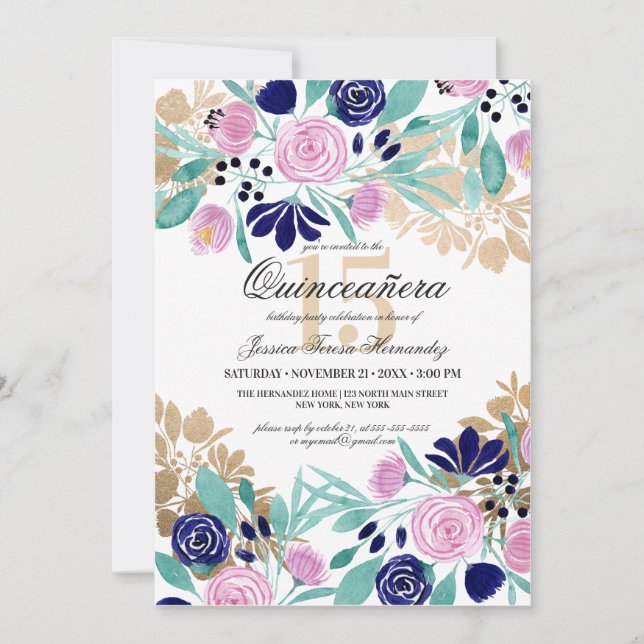 Invitación Acuarela floral de la marina rosa dorada Quinceañe (Anverso)