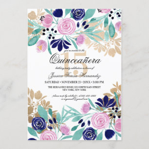 Invitación Acuarela floral de la marina rosa dorada Quinceañe
