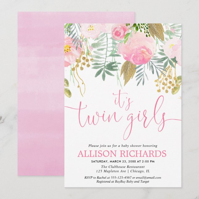 Invitación Acuarela floral de los chicas del verdor rosado (Anverso / Reverso)
