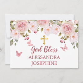 Invitación Acuarela floral de mariposas y nombre con cruz de