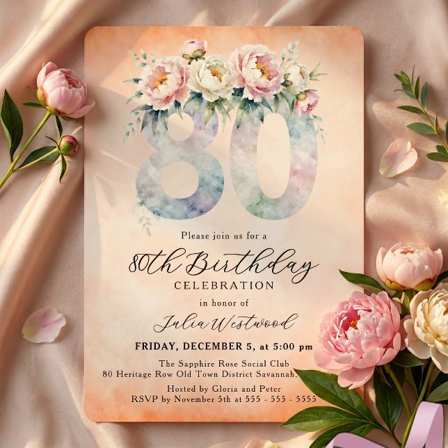 Invitación Acuarela Floral de Melocotón Cumpleaños 80 (Subido por el creador)