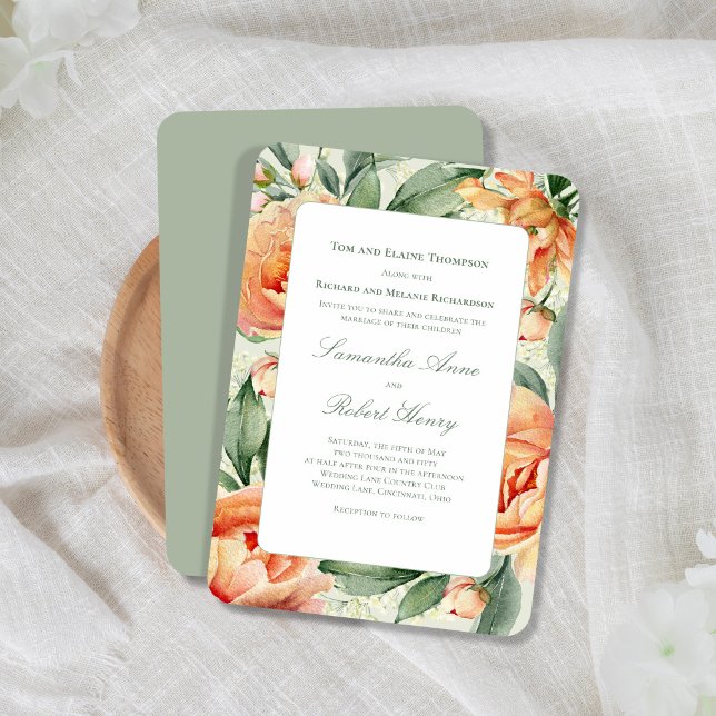 Invitación Acuarela Floral de Melocotón Verde Elegante Boda (Elegant peach floral wedding design with soft greenery and romantic script, perfect for a timeless.)