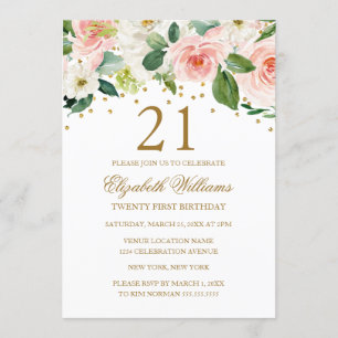 Invitación Acuarela Floral de Oro Rosa Cumpleaños 21