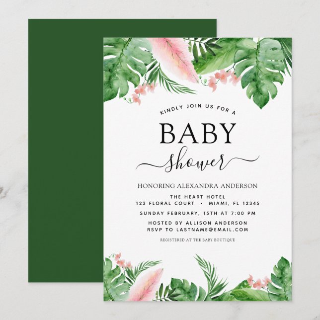 Invitación acuarela floral de palma tropical de Baby Shower (Anverso / Reverso)